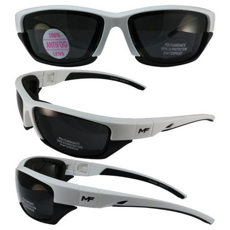 MotoFrames Swithback Padded Motocycle Riding Sunglasses/Goggles White and Black Frame Smoke Lens With Removable Foam Padding
