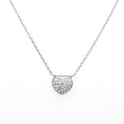 Glitz Design 1/3 ctw Dainty Puffed Heart Diamond Necklace White Gold Finish Sterling Silver.