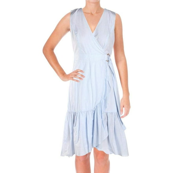 Ivanka Trump Womens Cotton Striped Sleeveless Faux Warp Ruffle Hem Dress