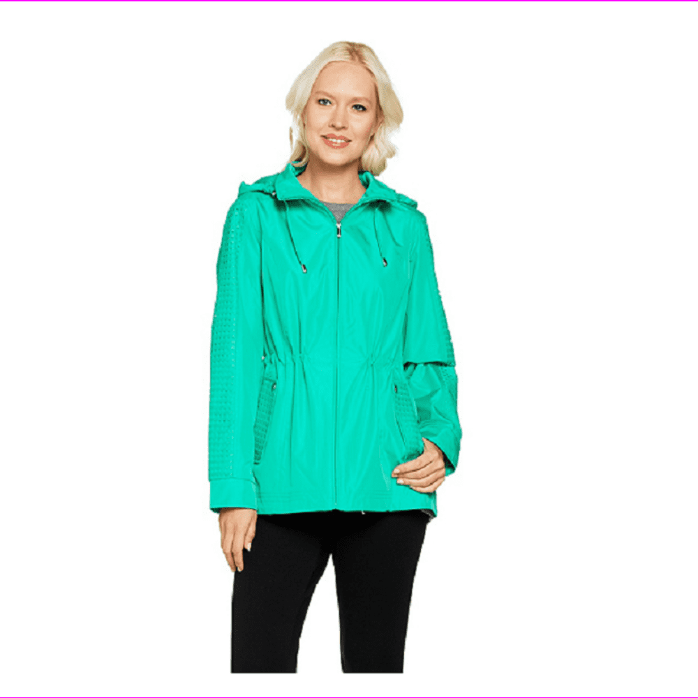 Susan Graver Zip Front Anorak Jacket w/ Mesh Accents and Hood, Jade ...