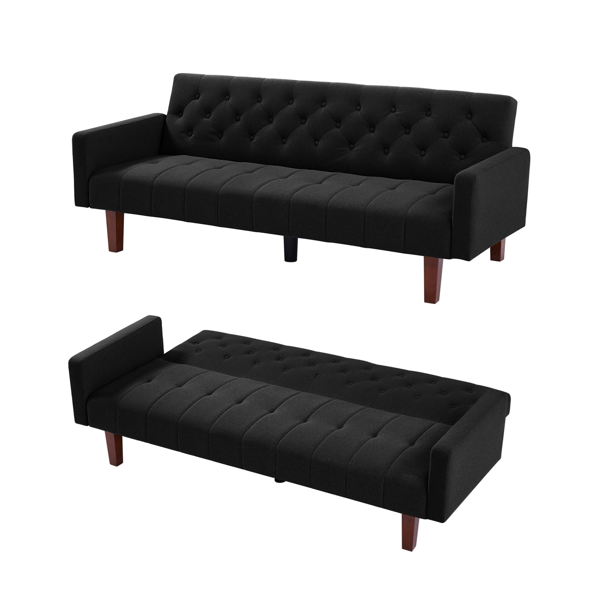 Aukfa 75" Tufted Futon Convertible Sofa Bed, Upholstered Arm Couch for Home Office, Black