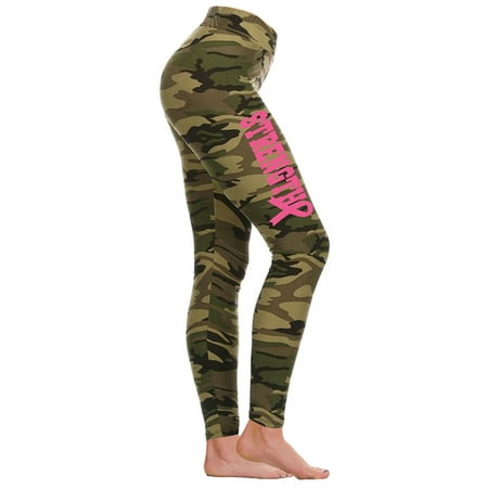 Junior's Pink Ribbon Strength V609 Camo Athletic Workout Leggings One Size Fits (Best Workout Routine For Strength And Size)