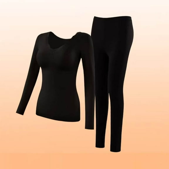 Wensltd Women's Winter Seamless Thermal Underwear Set Round Neck Long Sleeve Inner Layering Built-in Padded Bra