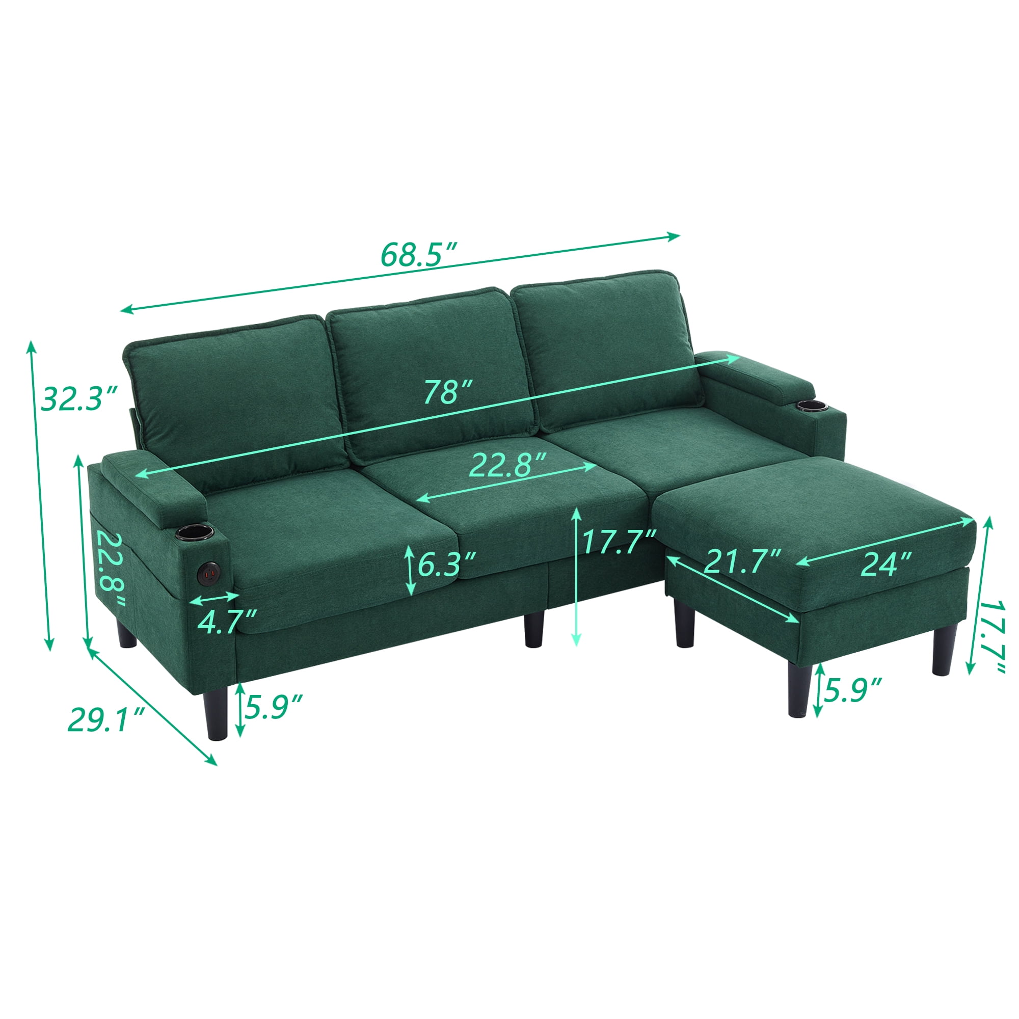 L-Shaped Seciton Sofa with Storage Ottoman, Modern Linen Fabric Reversible 3-Seater Sofa Couch with USB Port and Side Pocket for Living Room, Small Space Apartment, Green
