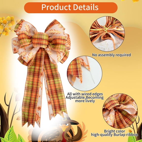 Large Thanksgiving Fall Bows for Wreaths Pumpkin Green Orange Buffalo Plaid Burlap Wreath Bow Tree Topper Front Door Home Gift Outdoor Indoor Decorations Christmas Autumn -