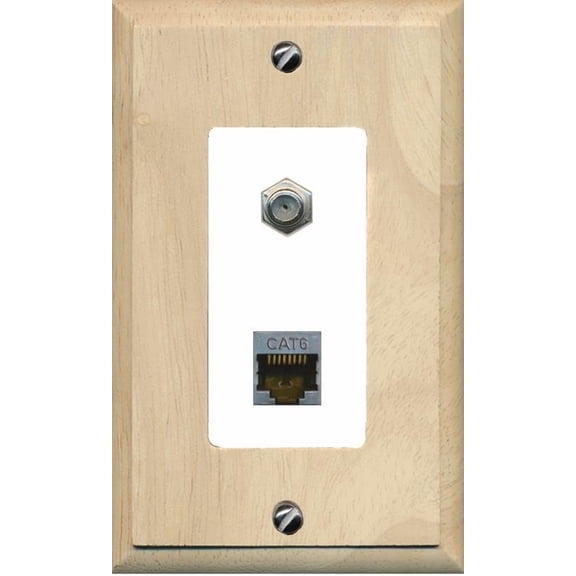 RiteAV 1 Port Cat6-Shielded Ethernet Coax Jack Wall Plate - 1 Gang [Wood/White]