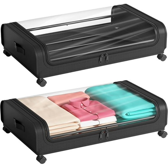 Under Bed Storage with Wheels, 2 Pack Under Bed Storage Containers, Under Bed Shoe Storage Organizer, Rolling Under Bed Metal Drawer for Clothes, Black