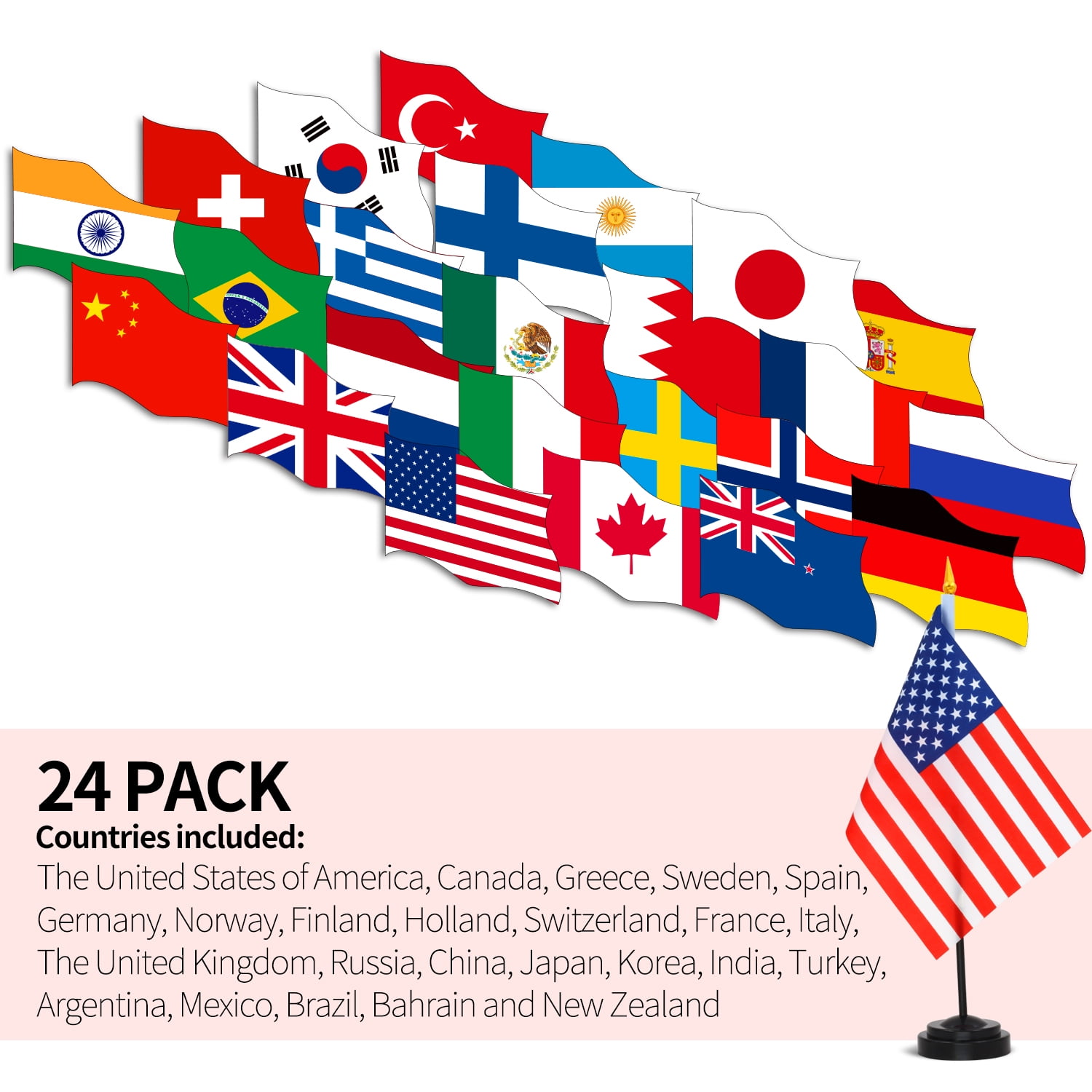 Anley 24 Countries Deluxe Desk Flags Set - 8 x 5 Inches Miniature American US Desktop Flag with 13" Black Pole