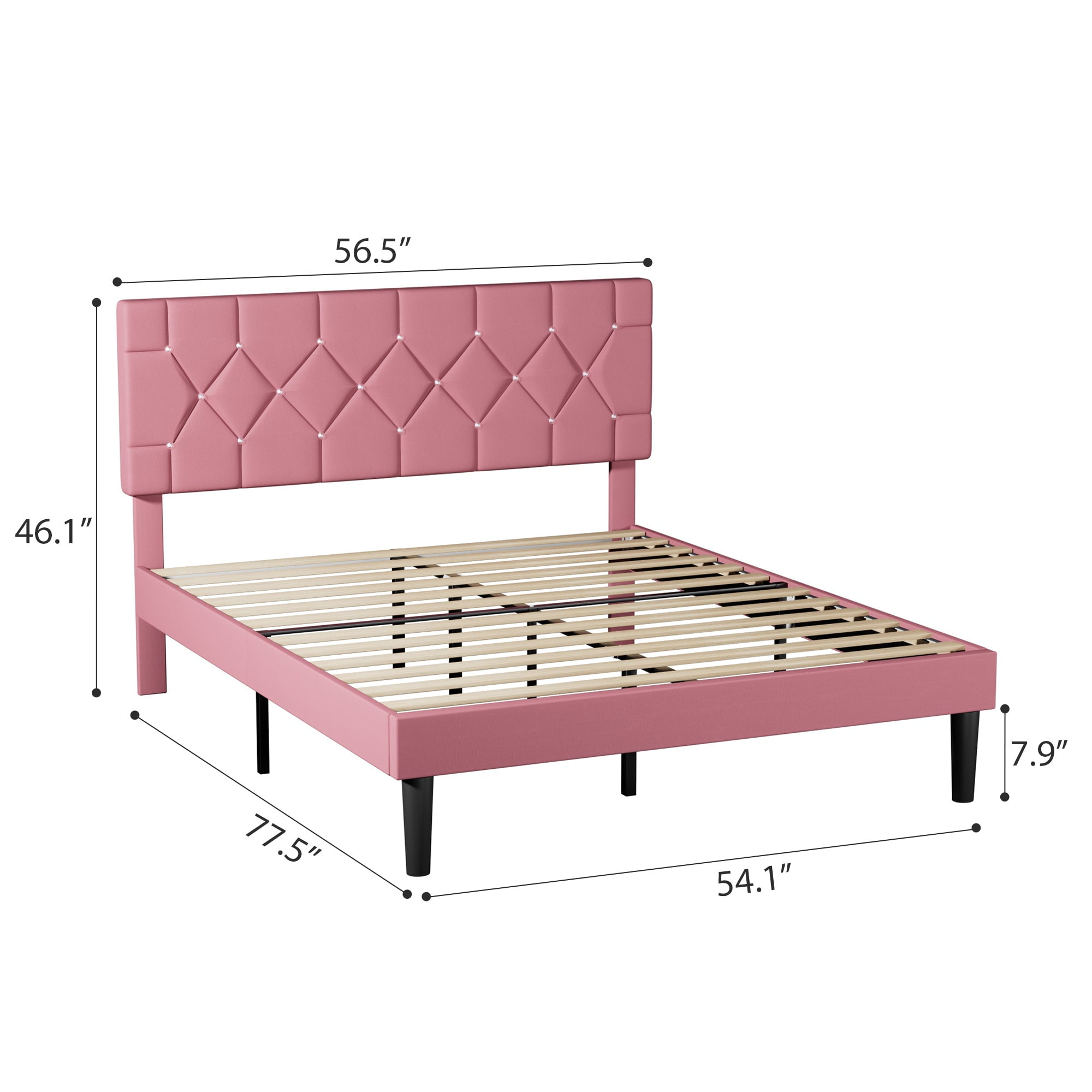VECELO Full Size Platform Bed Frame, Modern Upholstered Bed Frame with Diamond Tufted Headboard, No Box Spring Needed, Easy Assembly, Pink