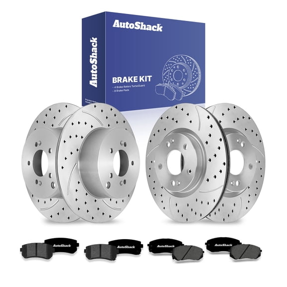 AutoShack Front Vented & Rear Solid Drilled & Slotted Coated Brake Rotors Silver Matte Finish   Premium Ceramic Pads 12-PC Brake Kit Replacement for 2011-2016 Kia Sportage TurboGuard