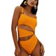 thumbnail image 1 of Traje de baño de 1 pieza para mujer, cuello cuadrado, correa fina recortada, calzoncillos de cintura alta, almohadilla de sujetador extraíble, traje de baño elástico amarillo L, 1 of 5