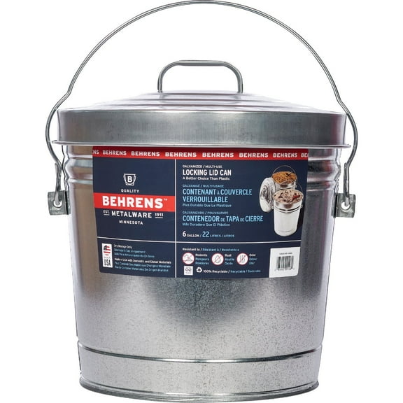 1 PK, Behrens 6 Gal. Galvanized Locking Lid Trash Can with Lid