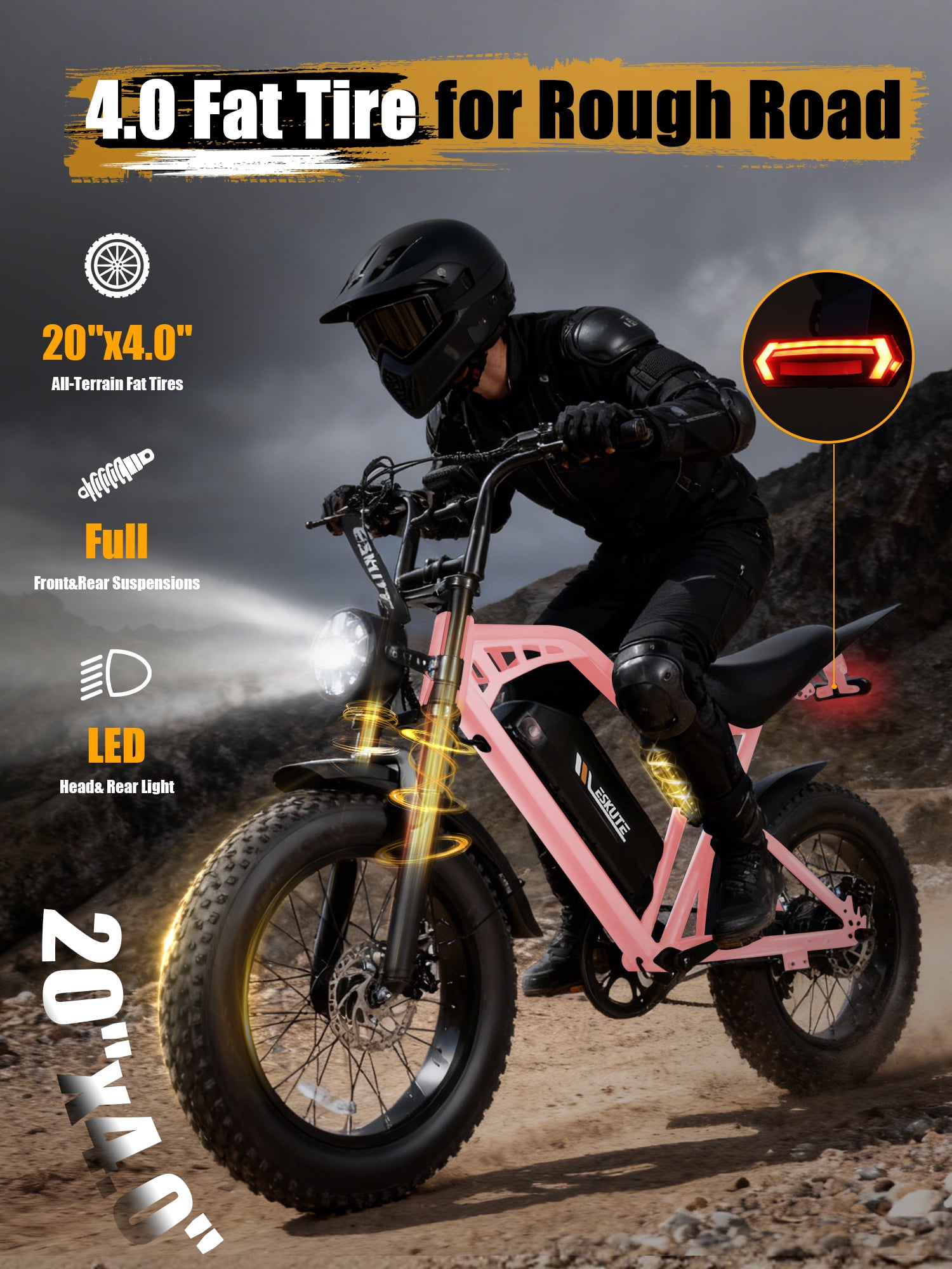 ESKUTE Electric Bike for Adults, 29MPH Dirt E-Bike, 48V 20.8Ah Battery, 20"x4.0" Fat Tires, 80-Mile Range, NFC Unlock, 7-Speed, Dual Suspension, Orange