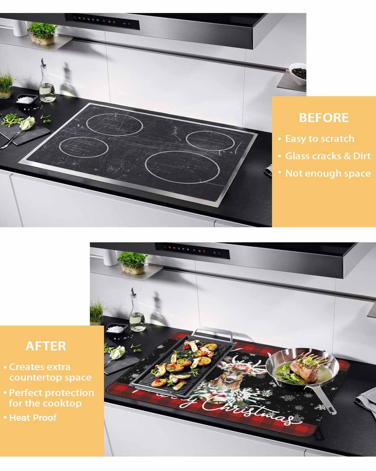 Large Induction Cooktop Protector Mat Christmas Stove Top Covers for Electric Stove, Winter Elk Berry Leaves Needle Snowflake Plaid Decorative Stove Burner Cover Mats, Glass Top Stove Cover