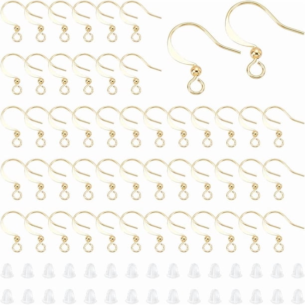 100 ganchos para pendientes chapados en oro de 18 quilates con presillas, ganchos dorados con bola, ganchos para pendientes, ganchos de pescado con tuercas, ganchos planos para pendientes.