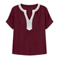 thumbnail image 4 of ClodeEU Women's Linen Blend V Neck Short Sleeve Top with Lace Trim ,Solid Color Casual Blouse Wine,Womens Plus L, 4 of 7