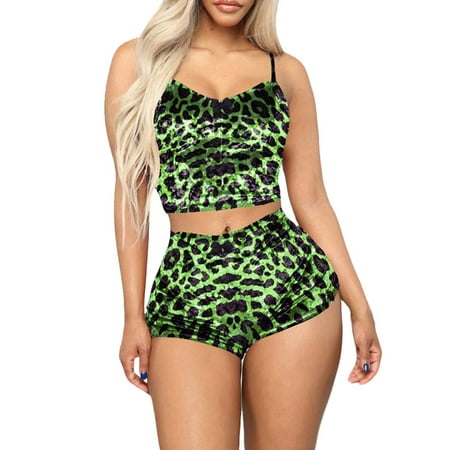 

MRULIC pajamas for women Womens Velvet 2 Pieces Romper Outfit Sleeveless Crop Top Camisole + Shorts Green + L