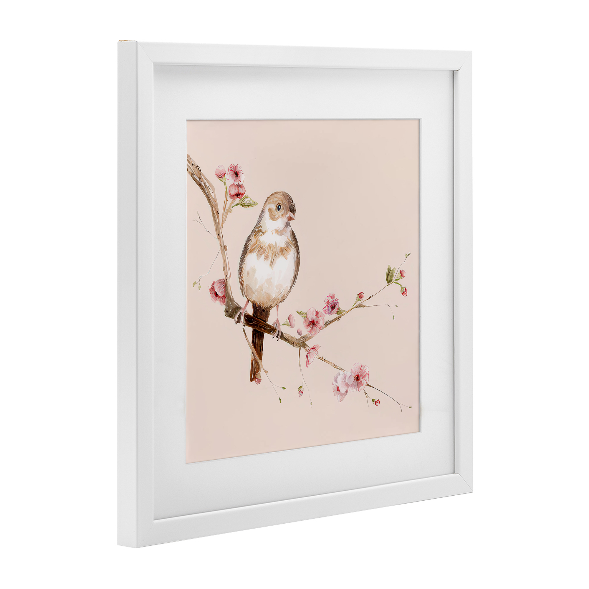 Sweetest Brown Bird White Framed Print Under Glass, design by Lisa Wehmeyer