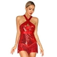 thumbnail image 3 of Kaerm Women 2Pcs Glittery Latin Dance Outfit Cross Front Tassel Leotard with Metallic Gloves Red S, 3 of 7