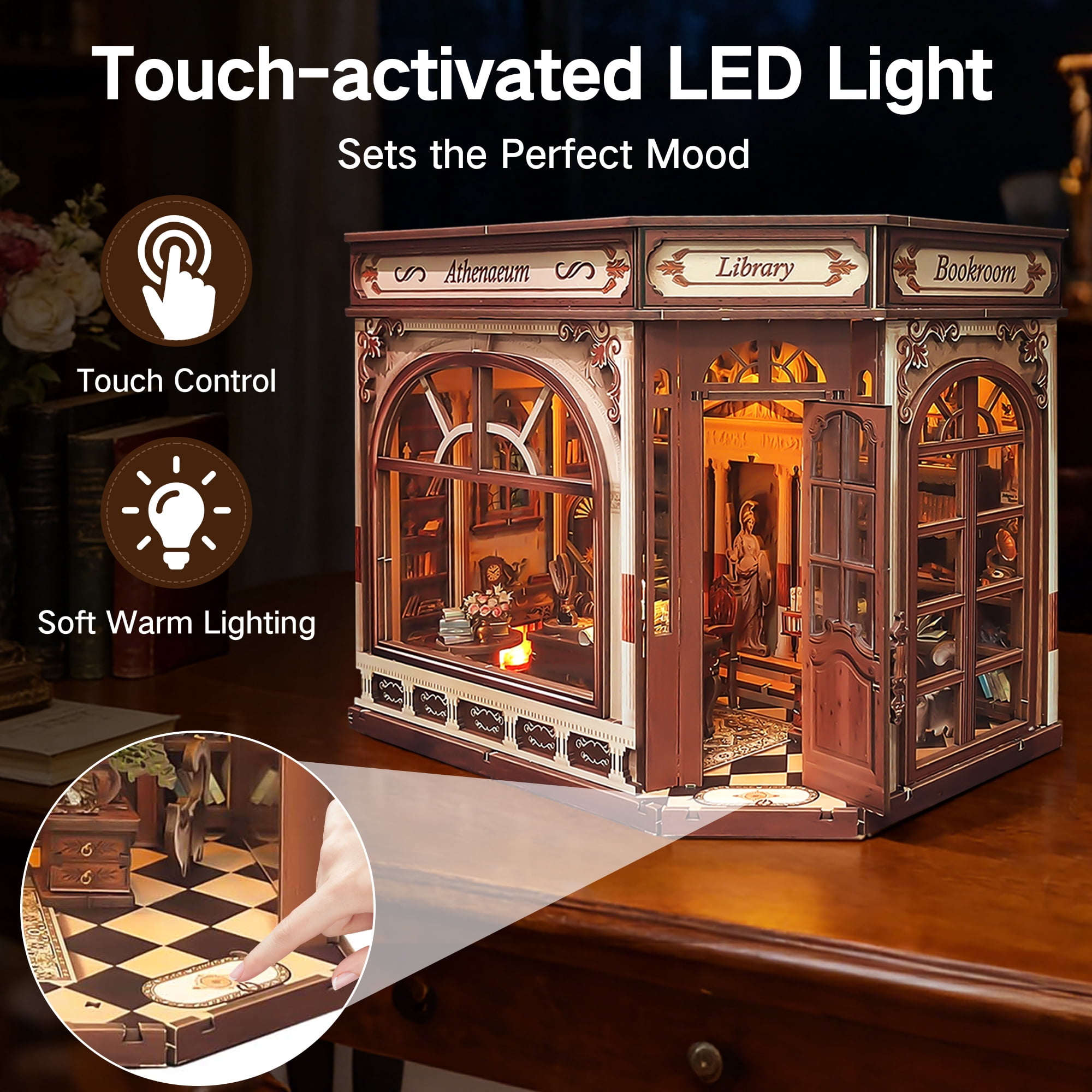BELEEV Book Nook Kit,DIY Miniature Wooden Booknook with LED Lights,Openable Door 3D Puzzle,Bookshelf Decor Gift for Adults Teens - Athena's Library