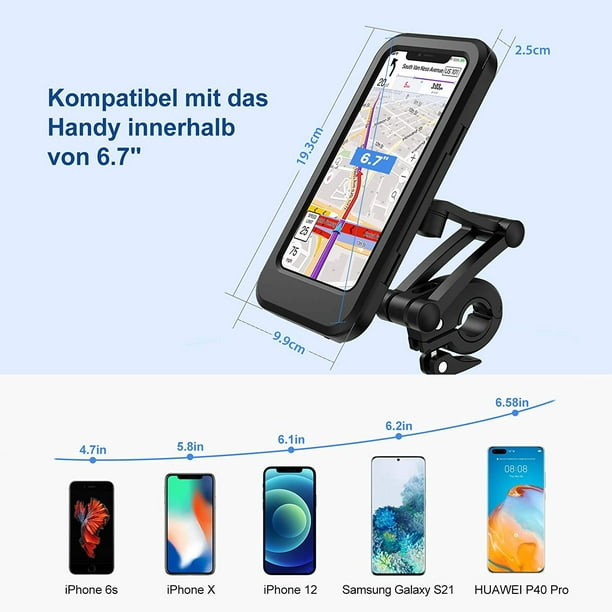 Porte-Smartphone Vélo, Porte-Smartphone Étanche avec Écran Tactile, Rotatif  à 360°, Hauteur Réglable pour iPhone Samsung Galaxy Huawei à 6,7 Pouces,  compatible avec Moto Vélo, Noir 
