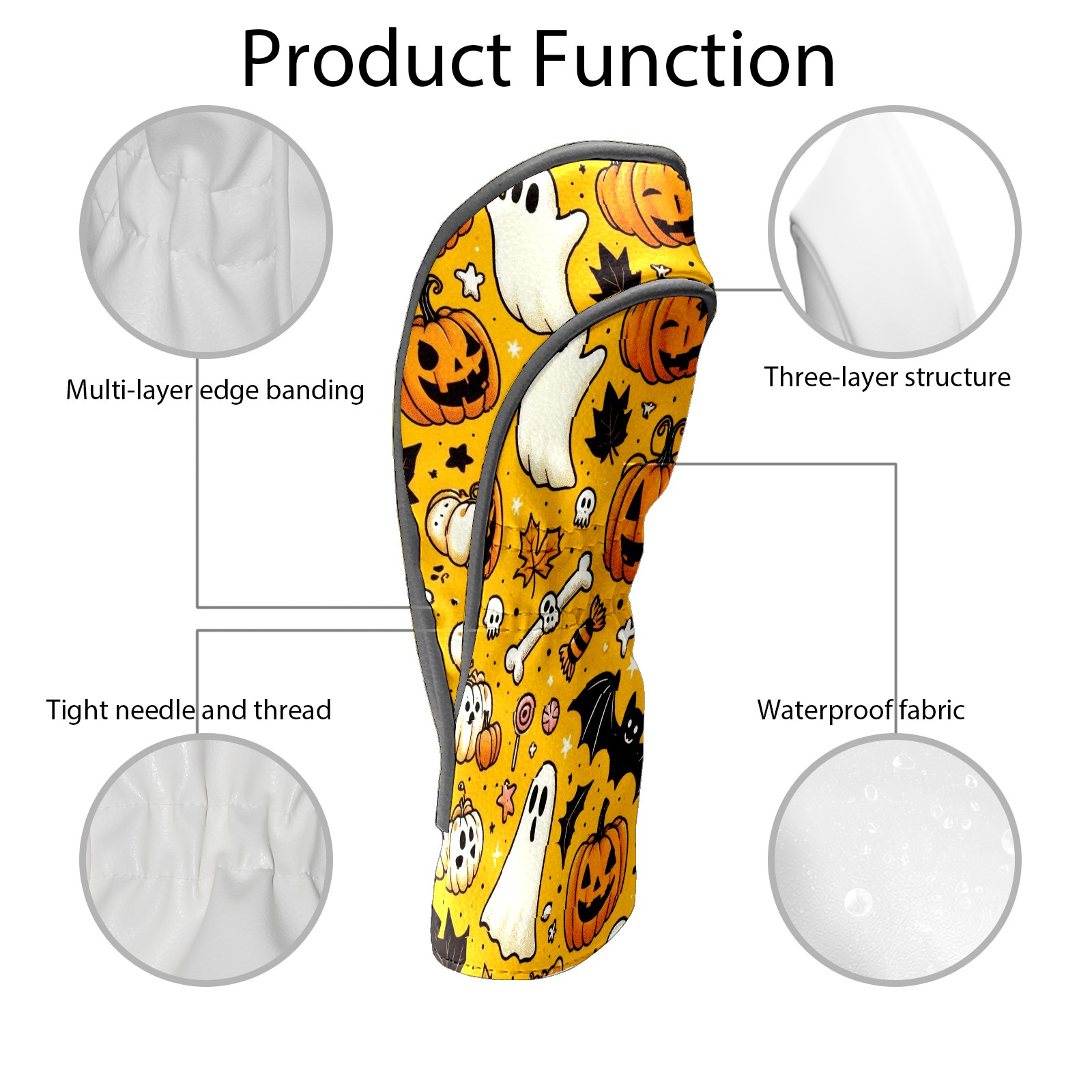 Golf Club Covers, Yellow Ghost Pumpkin Premium PU Leather Driver Hybrid Putter Head Covers with Velvet Lining, Waterproof Golf Gifts for Men Women