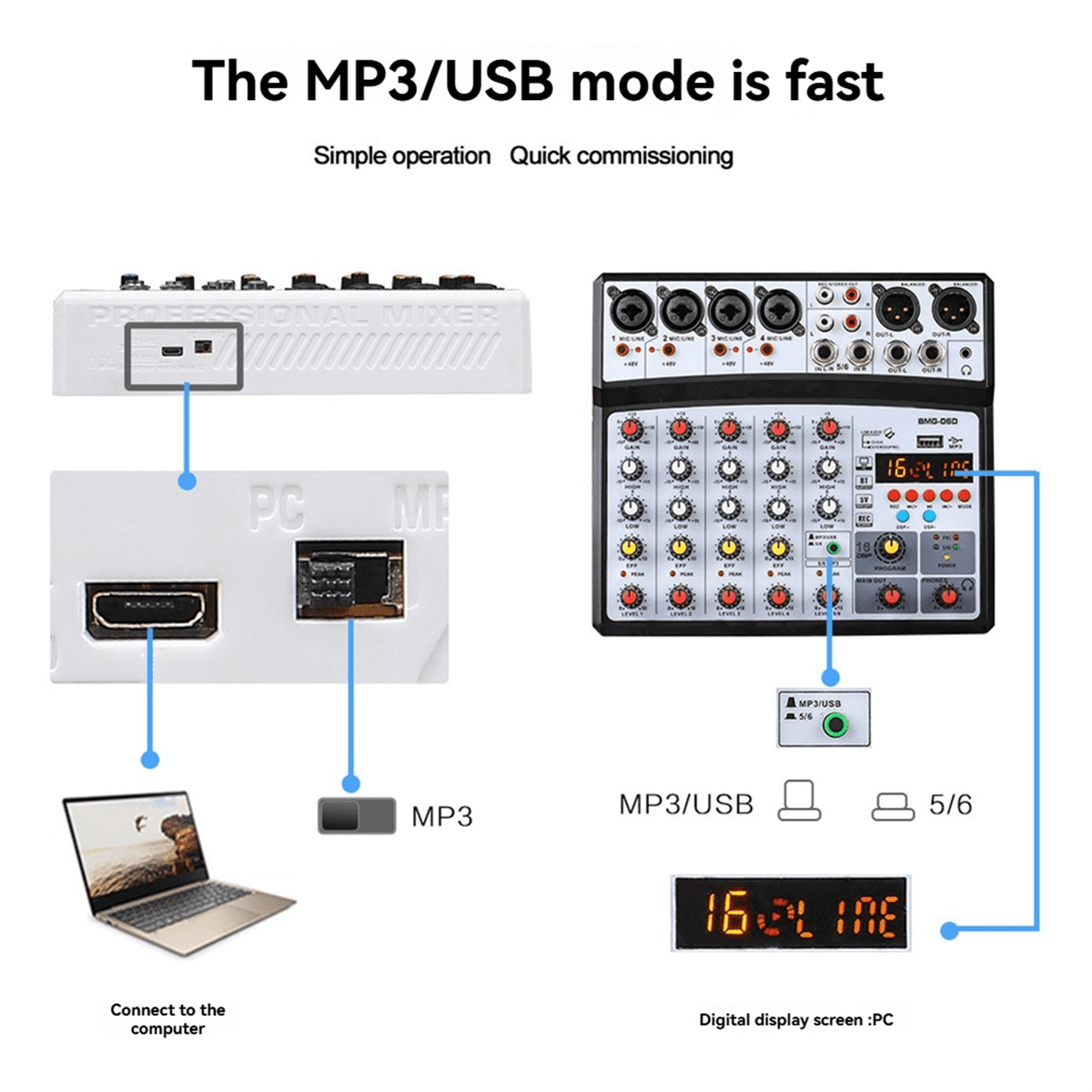 6 Channel Audio Mixer Portable Mixing Console USB Interface Sound Card with 99- 48V Phantom Power US Plug