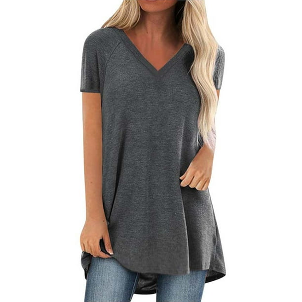 Colisha - Colisha Plus Size Women Casual V Neck Tops Shirts Short Sleeve Loose Tunic Blouse Solid Color T-shirt for Ladies Boho Tee High Low Hem Walmart.com - Walmart.com