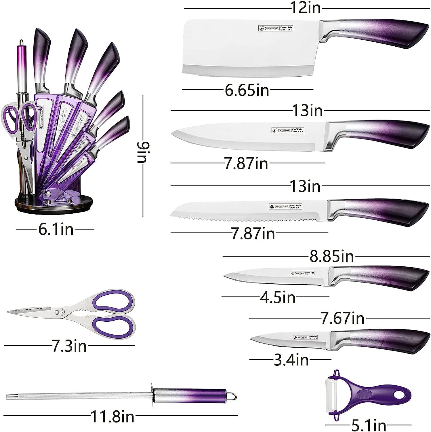 Dot Pet Purple Gradient Handle Stainless Steel Kitchen Knife Set, 9-Piece