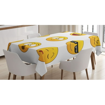 Emoji Tablecloth, Happy Smiley Angry Furious Sad Face Expressions with Glasses Moods Cartoon Like Print, Rectangular Table Cover for Dining Room Kitchen, 52 X 70 Inches, Yellow, by Ambesonne