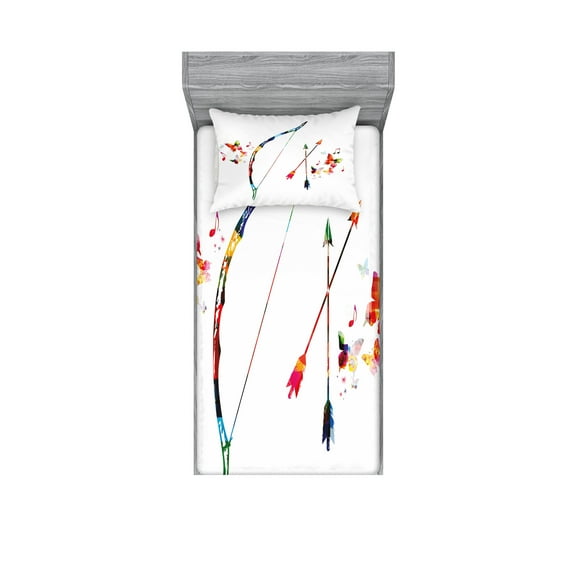Ambesonne Modern Fitted Sheet & Pillow Sham Set, Abstract Bow and Arrow, Twin, Multicolor