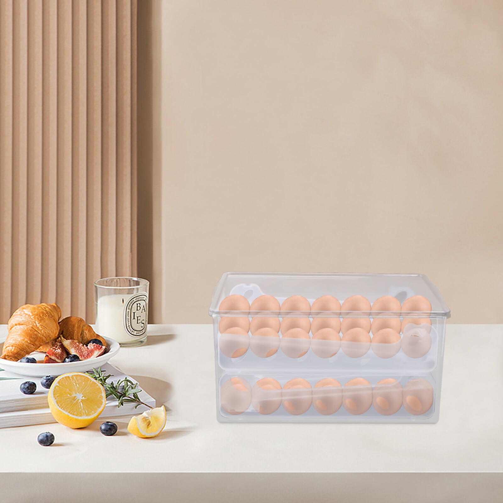 2-layer Rolling Egg Holder for 36 Eggs, Clear Plastic Egg Organizer for Fridge with Removable Lid and Tray
