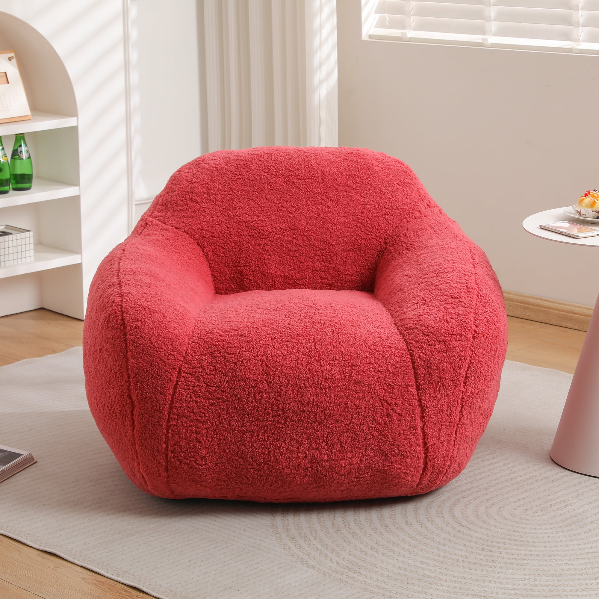 Bean Bag Chair, Comfy Bean Bag Sofa for Adults, Stuffed Floor Sofa with Supportive Backrest & Armrests, Modern Faux Fur Accent Chair for Living Room & Bedroom, Rose Red