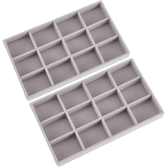2Pcs 5 x 8.3 Inch Velvet Jewelry Trays Stackable Jewelry Organizer Removable Divider 12 Grids Divided Gray Necklace Storage Container Box Dresser Drawer Case for Earring Ring Display Showcase