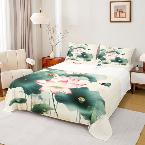 Homewish Rustic Lotus Twin Sheet Sets,Modern Aesthetic Art Twin Fitted Sheet,Green Lotus Leaves Flat Sheet For Girls Kids,Microfiber Bedroom Decor,3-Piece