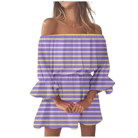 QYZEU Casual Dresses for Women 2024 Short Sleeves Dresses for Women Beach Sexy Off Shoulder Tunic Loose Fit Bell Sleeve Striped Mini Dress Womens Mini Dresses Hot Pink L