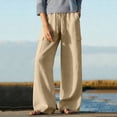 thumbnail image 2 of Miluxas Women's Cotton Linen Pants Casual Elastic High Waisted Wide Leg Pant Solid Loosee Trousers with Pockets Khaki, 2 of 9