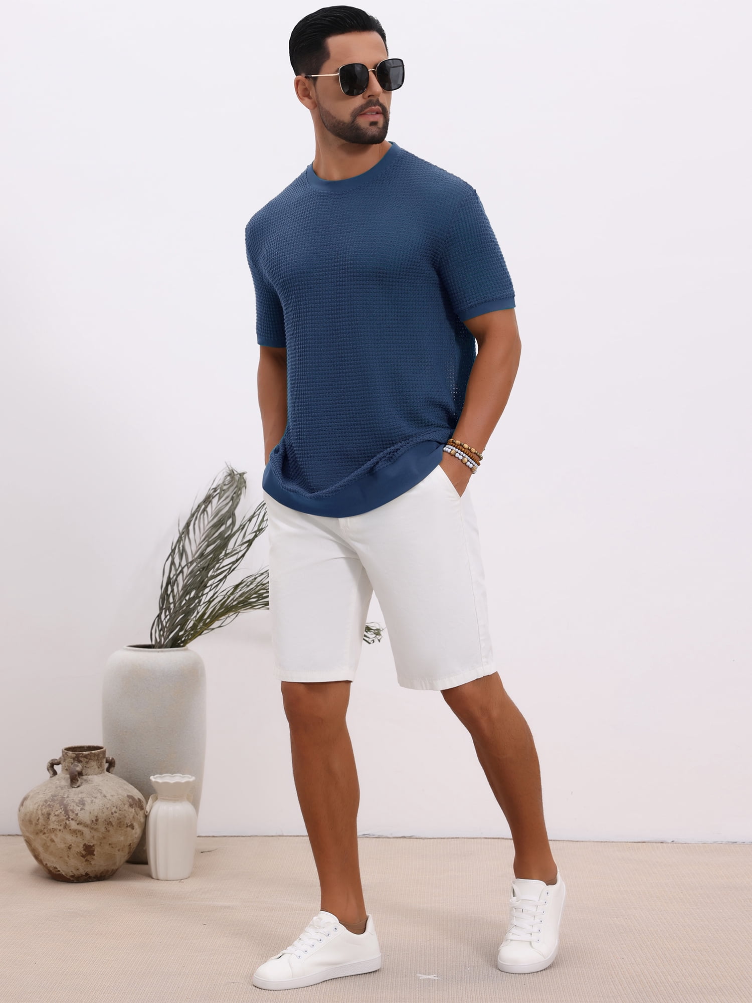 DARING DIVA Men's Waffle Short Sleeve Crew Neck Solid Knitted T-Shirt S Dark Blue