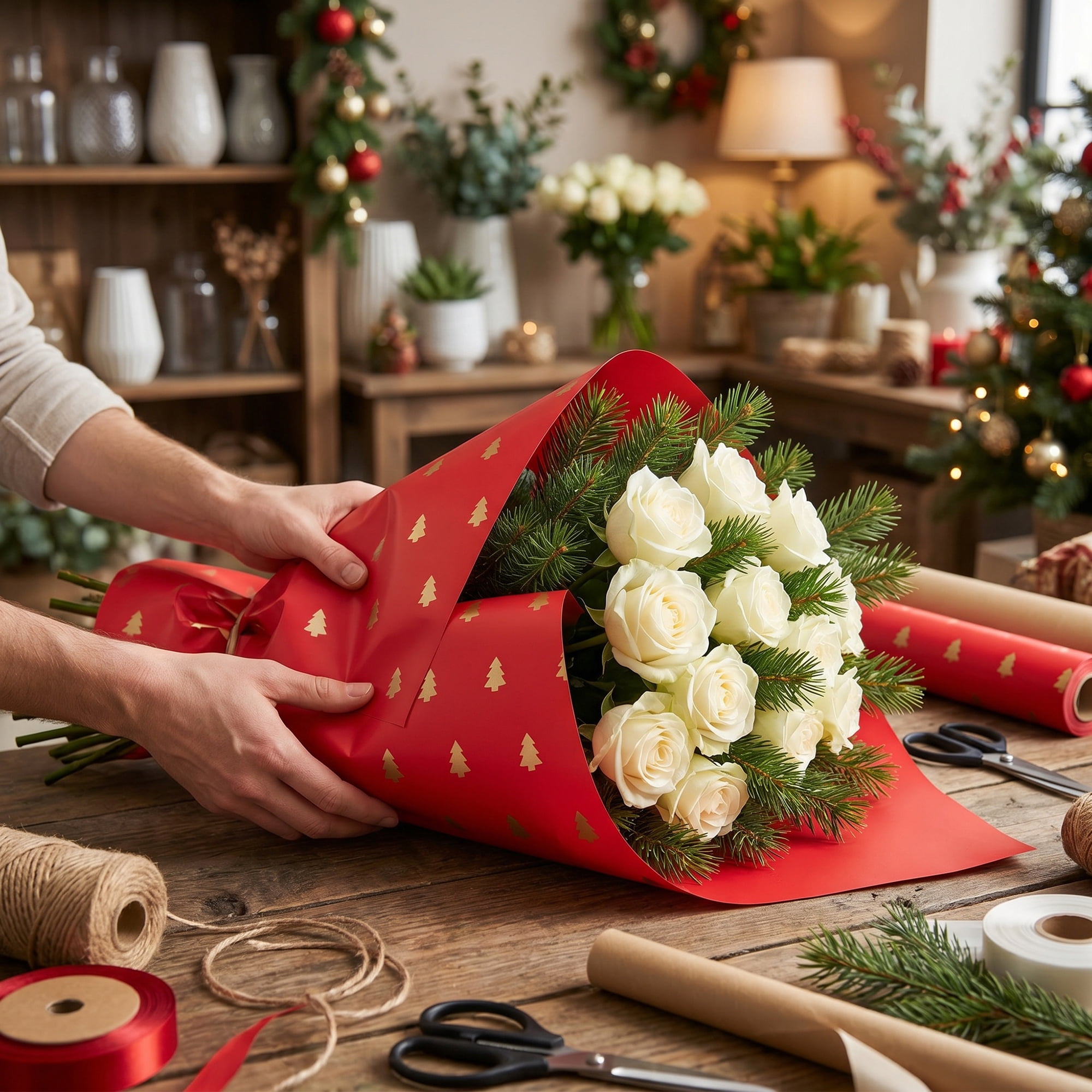 Unique Bargains Waterproof Matte Gift Wrap Paper for Bouquets Red Trees 22"x 22"