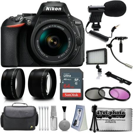 Nikon D5600 Digital SLR Camera Black with AF-P 18-55mm Lens + 64GB Videography Starter Accessories Bundle