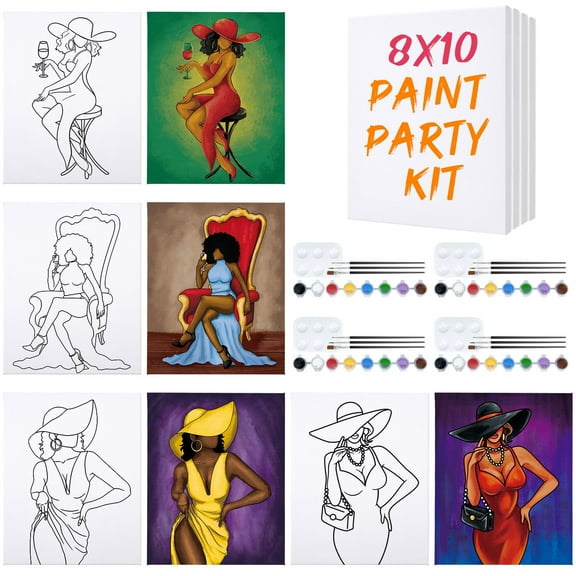 VOCHIC 4 PACK 8x10 Elegant Lady Paint Party Set | Pre Drawn Canvas for Painting for Adults Kids Afro Queen | Adults Sip and Paint Party Favor | Birthday Gift
