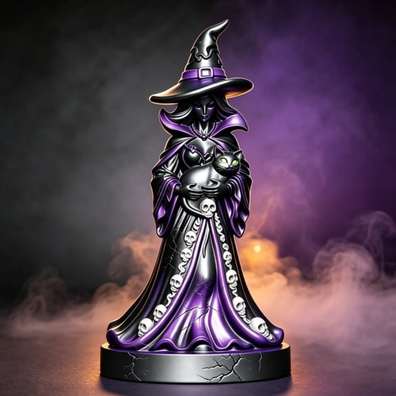 Halloween Witch Figurine with Black Cat, Purple and Black Skeleton Witch Statue, Resin Tabletop Ornament for Home Halloween Decor