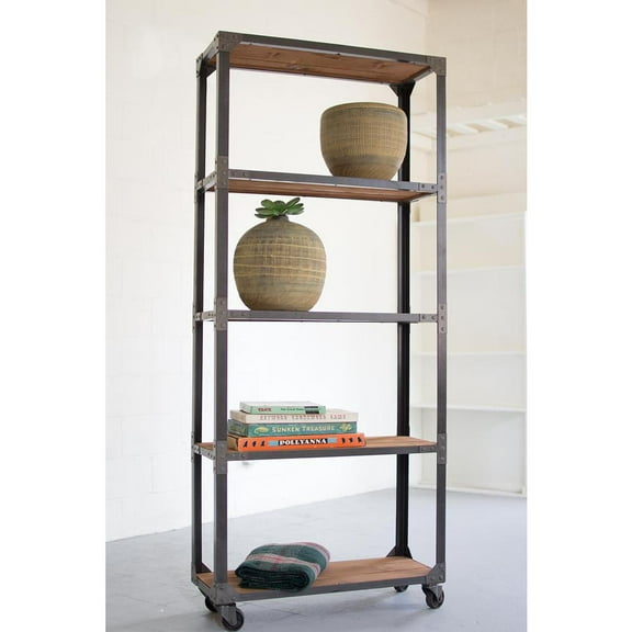 TALL IRON AND RECYCLED WOOD SHELVING UNIT