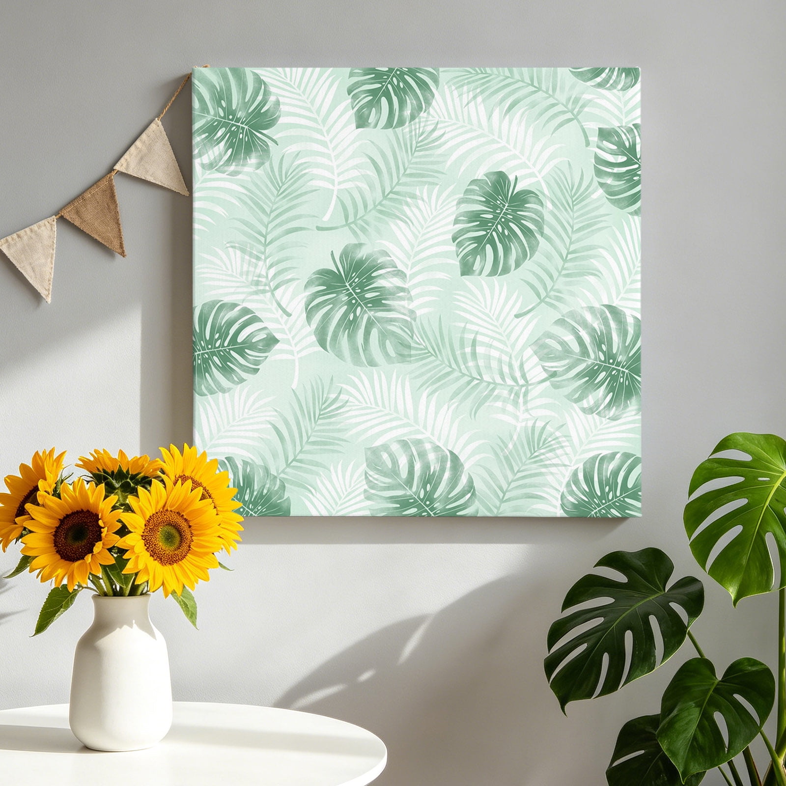 Mint Green Leaf Canvas Wall Art Modern Mint Green Palm Leaf Monstera Pictures Wall Decor Wooden Framed Artwork Art Prints for Living Room Hallway Bedroom Office 16 x16