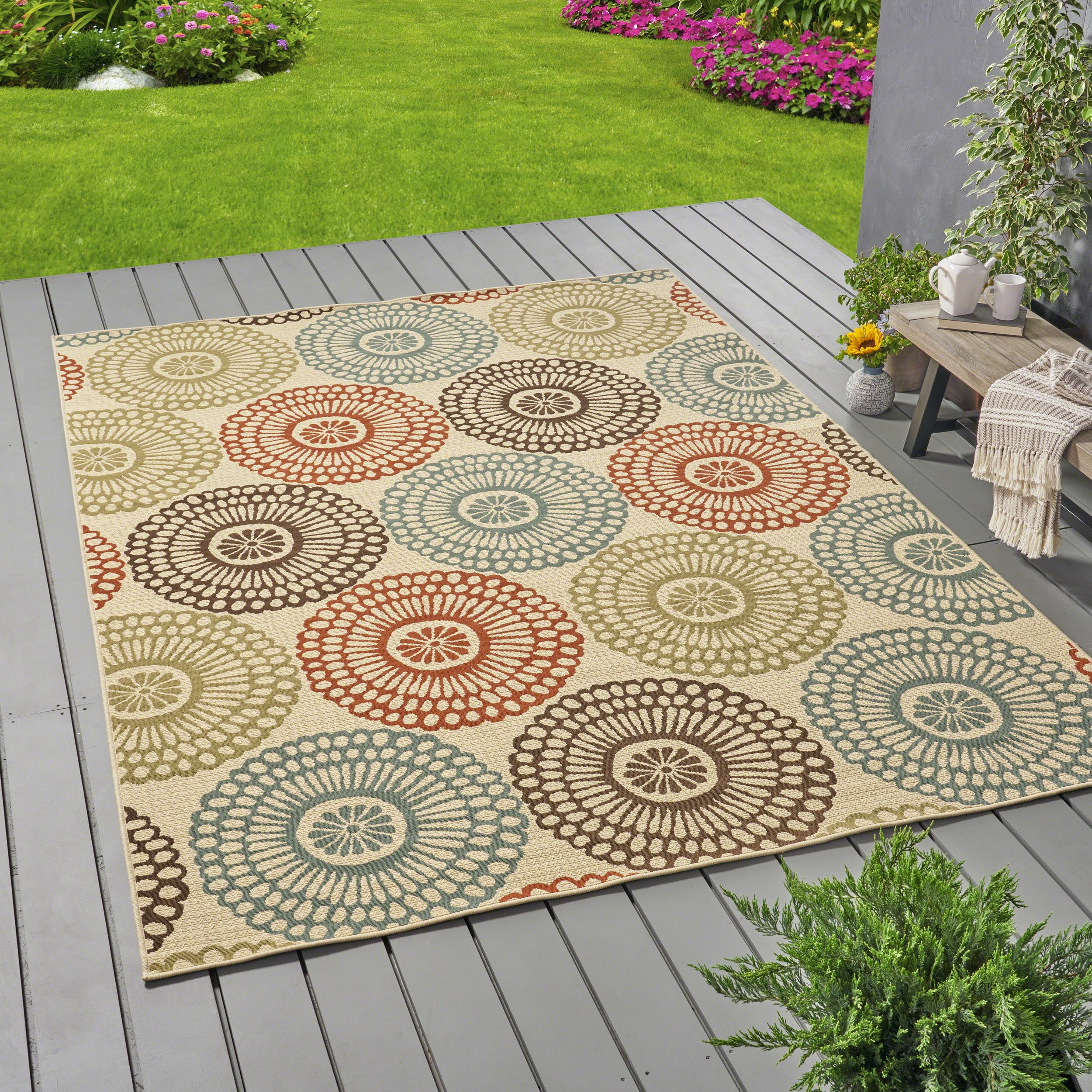 GDF Studio Dahlia Outdoor Floral 8' x 11' Area Rug, Beige and Blue