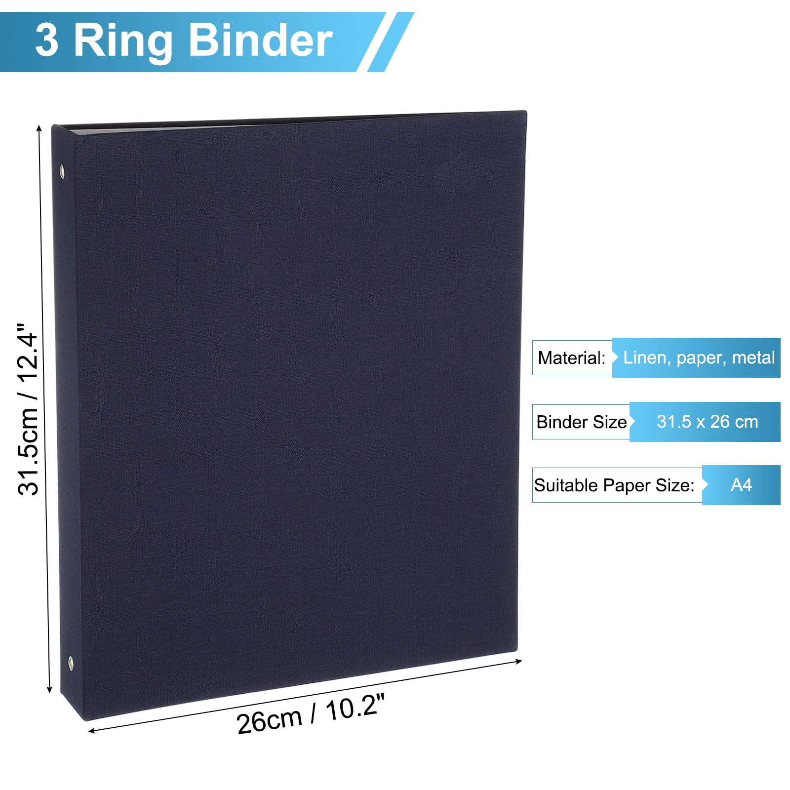 Uxcell 3 Ring Binder, A4 Size Flexible Round Binder Big Capacity Linen Planner Binder for Business Home Classroom, Blue