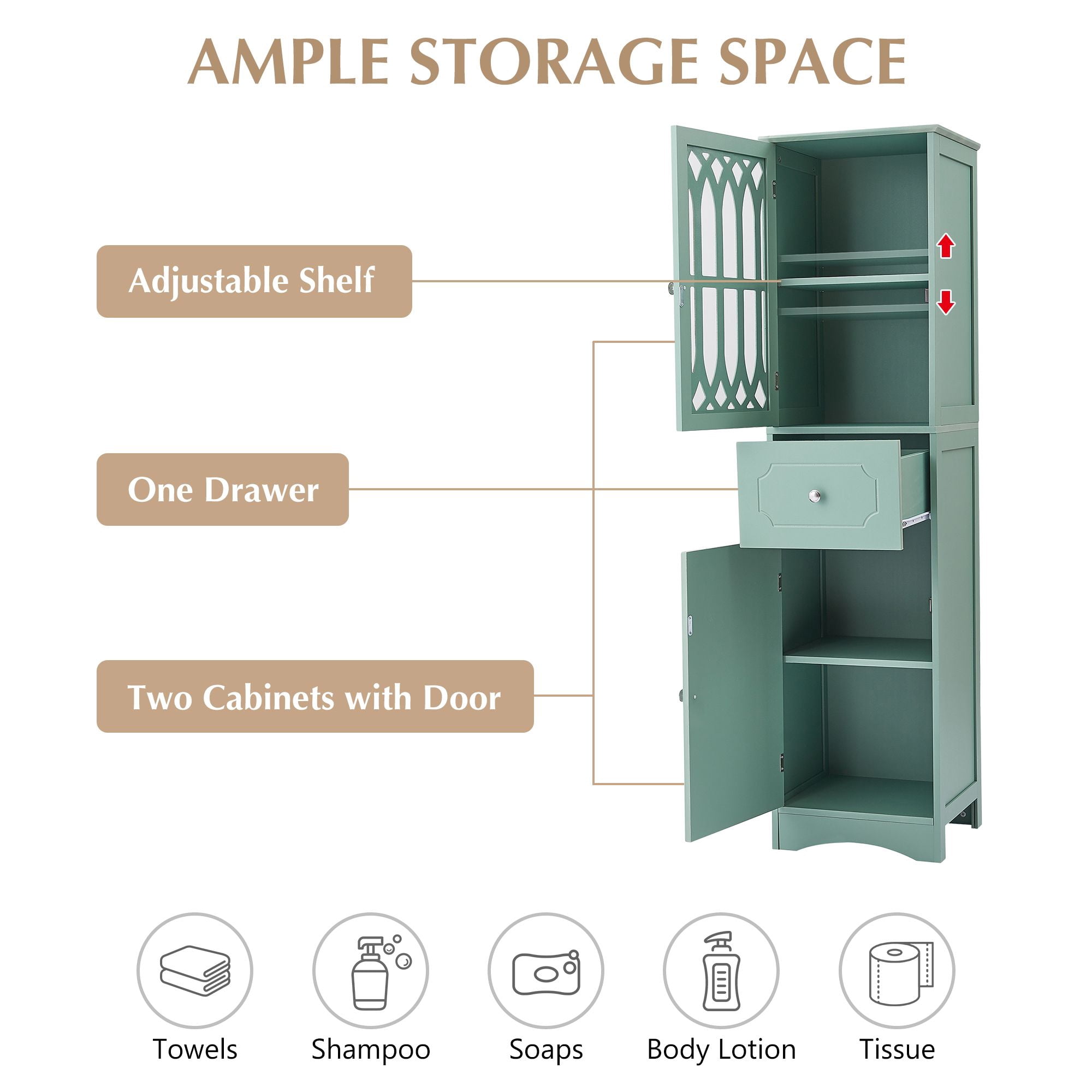 DEALTOPS Modern Bathroom Cabinet with Drawer and 2 Cabinets, Slim Freestanding Storage Cabinet with adjustable shelf for Bathroom - Green