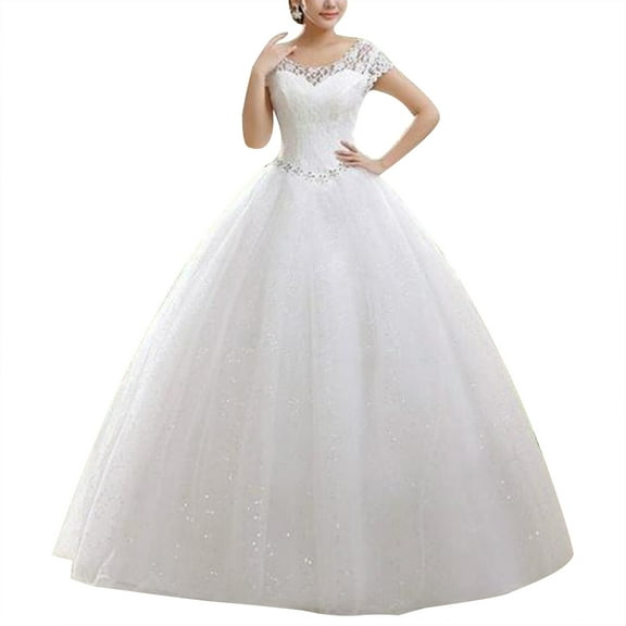 WSTEER Double Shoulder Floor Length Lace Short Sleeve Corset Beaded Wedding Dress Bridal Gown Ball Gown - Size XXL(White)