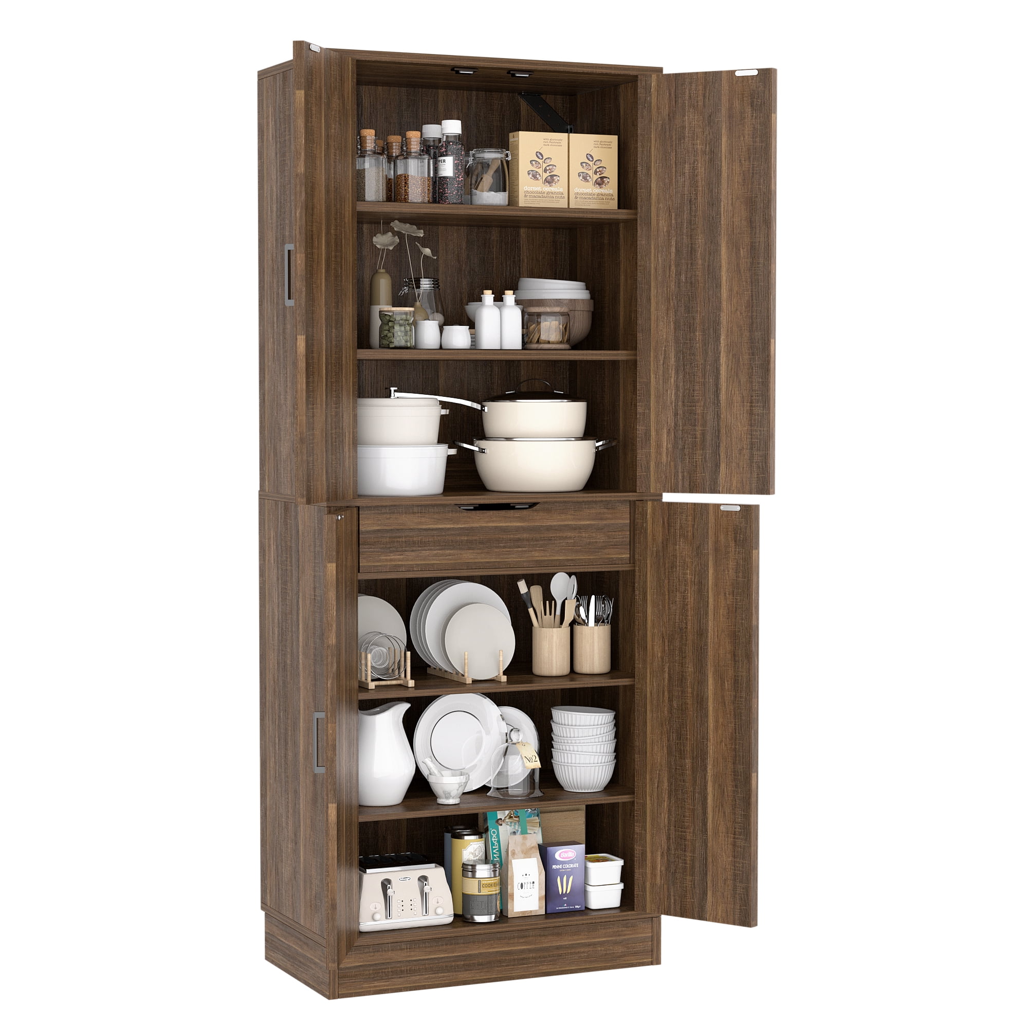 Homieasy 71'' Tall Farmhouse Pantry Cabinet 2 Piece Set, 6-Tier Pantry with Doors, Drawers & Adjustable Shelves, Retro Brown