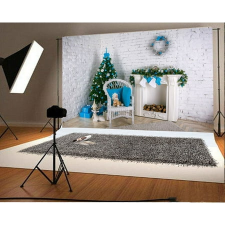 Image of GreenDecor Christmas Backdrop Decoration 7x5ft Photography Backdrop Christmas Tree Fireplace Gifts Garland Socks Wood Carpet Toys White Brick Wall Chi